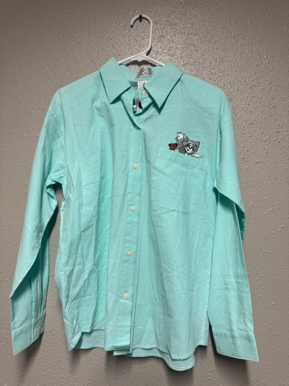 Men's Light Teal Button-Down Shirt with Embroidered Cat Detail